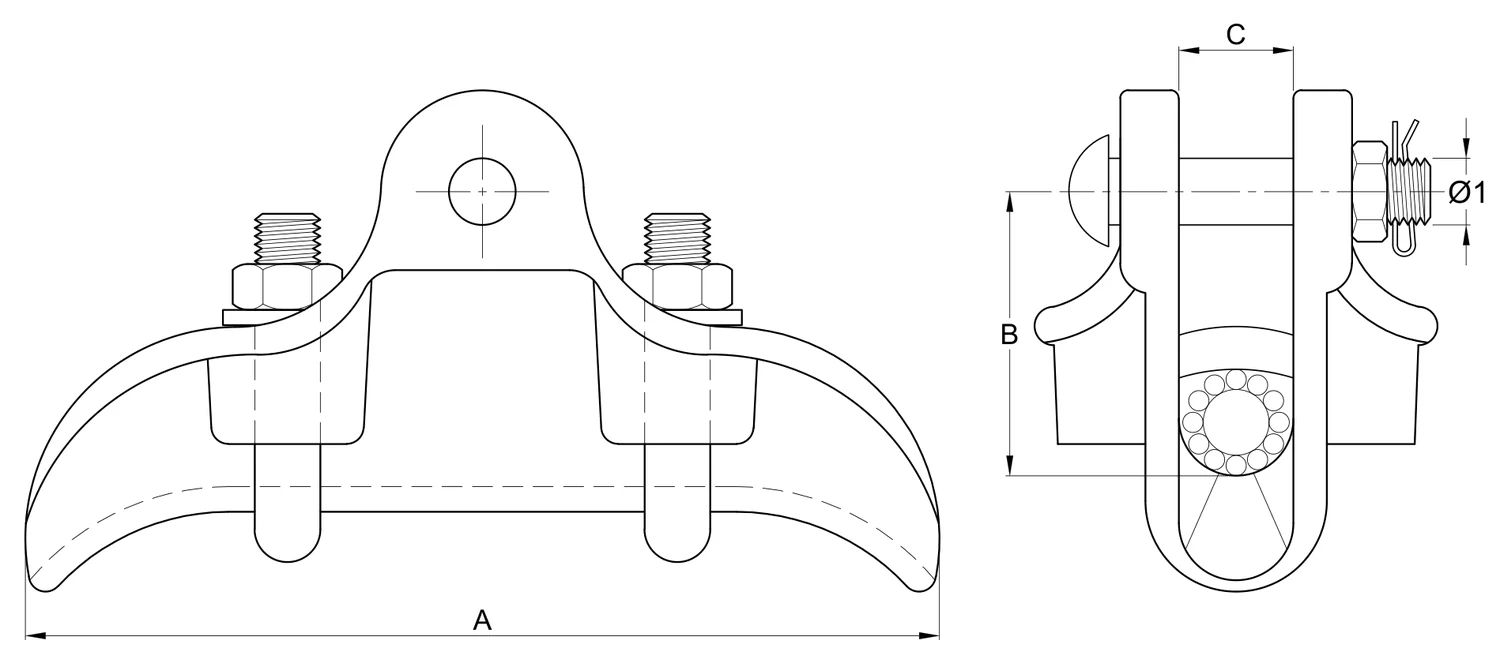 Plano 2D — Grapa de suspensión para uso con varilla protectora libre de efecto corona, conductor 795-1113 ACSR