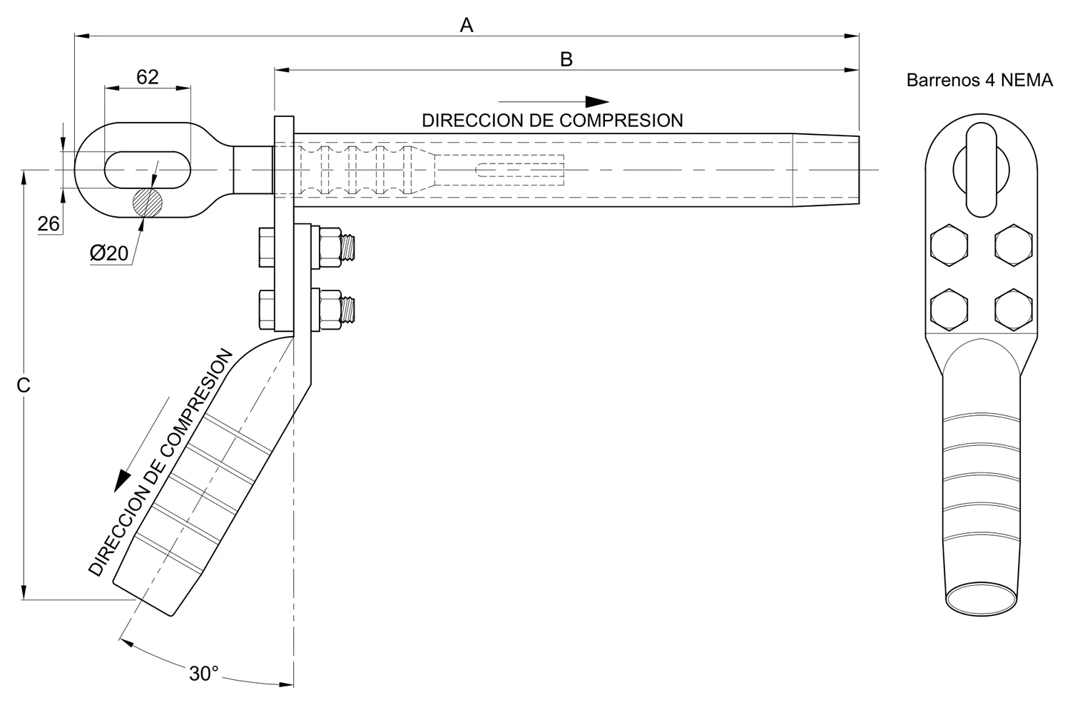Plano 2D — Grapa de tensión a compresión para cable conductor ACSR
