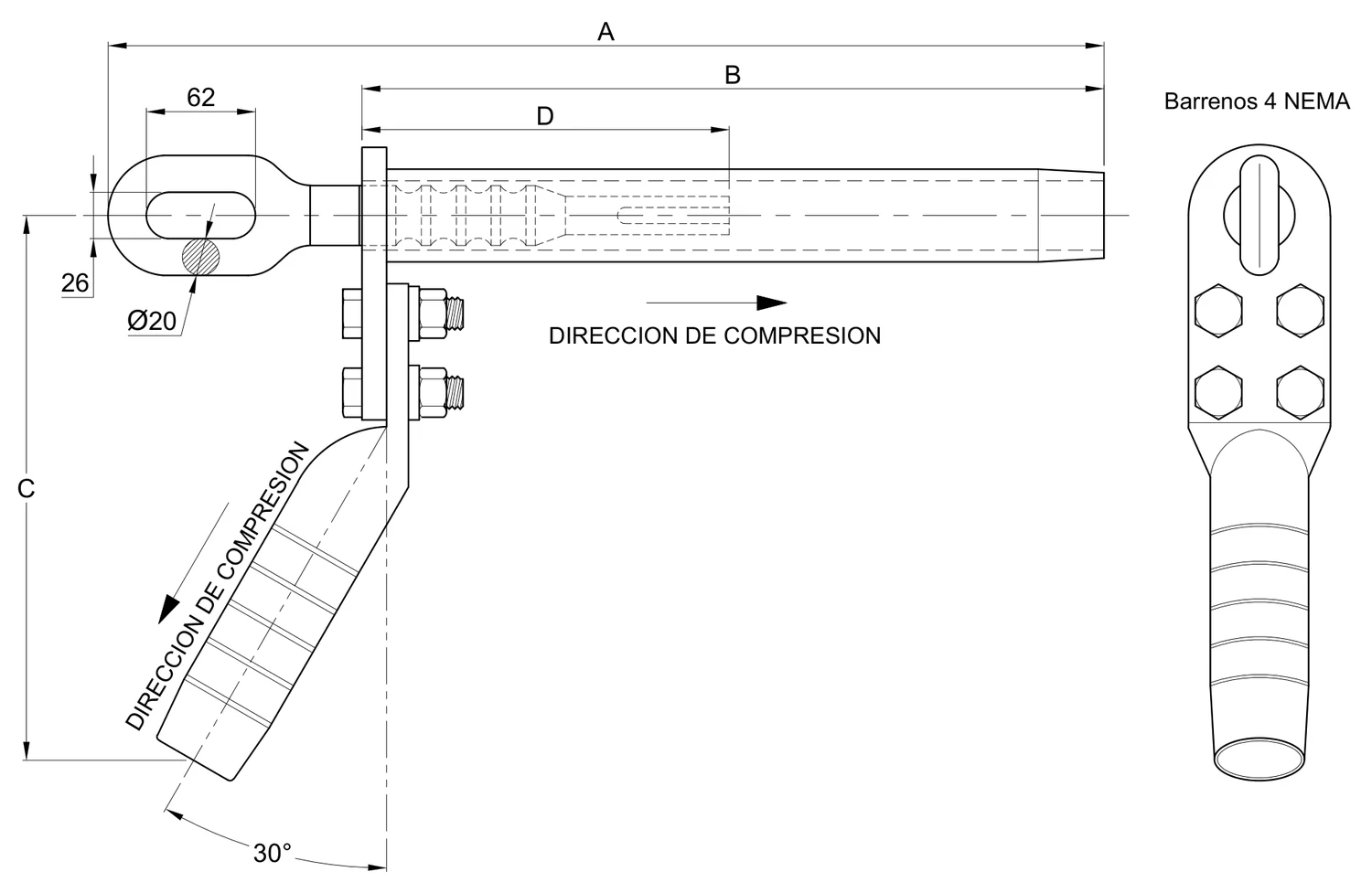 Plano 2D — Grapa de tensión a compresión para cable ACSS Alta Temperatura